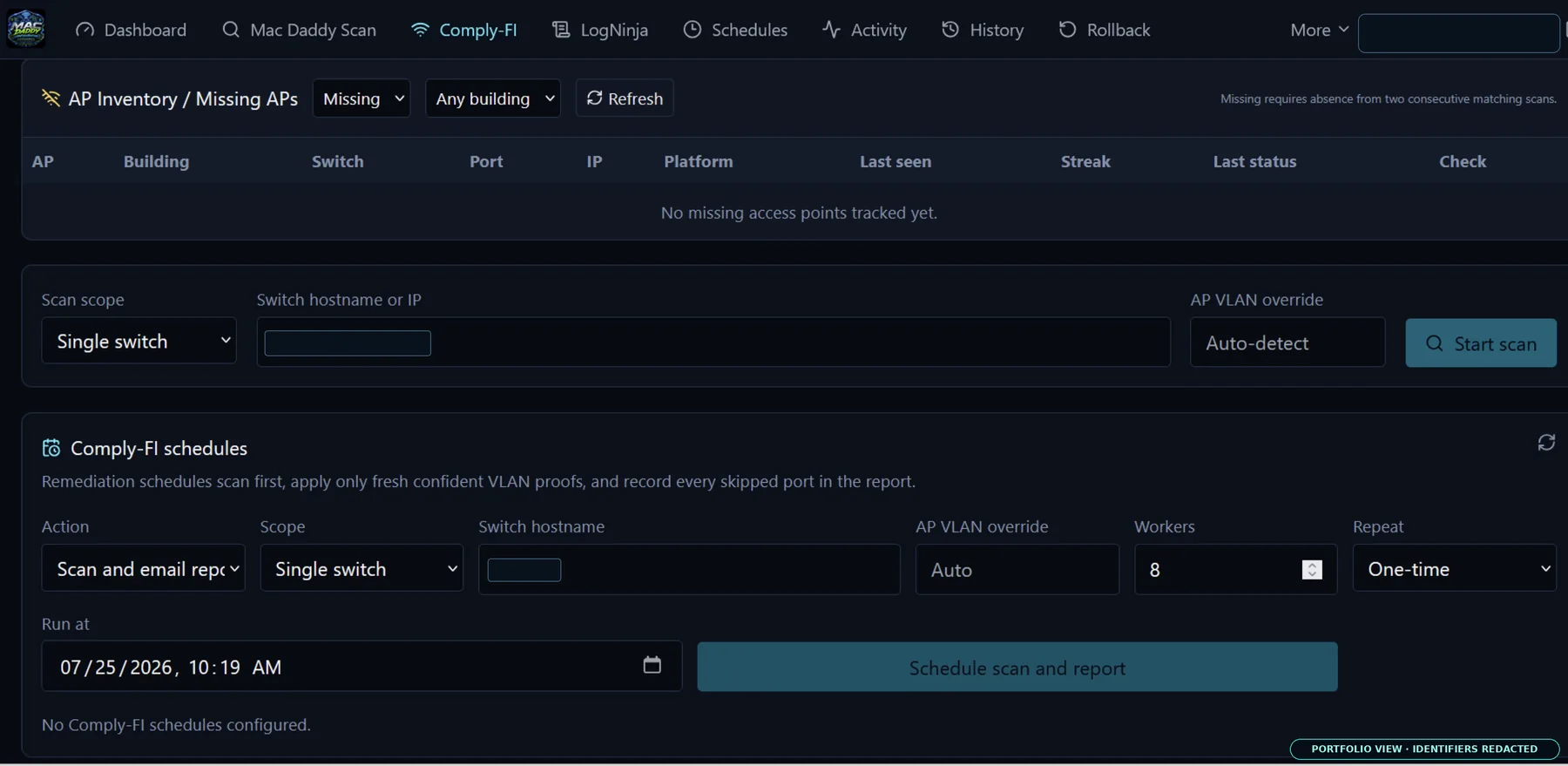 Sanitized Comply-FI access-point inventory and schedule view