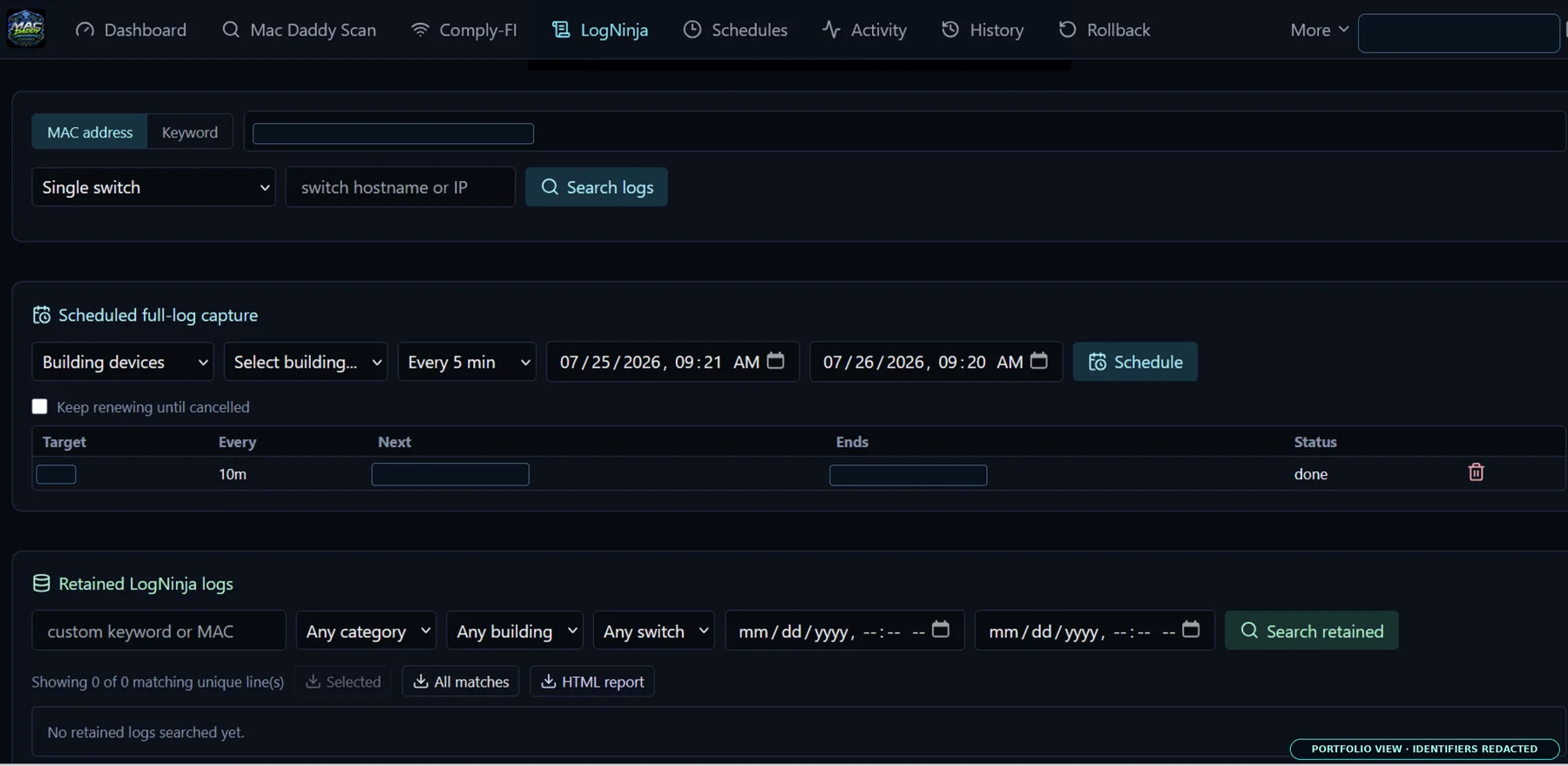 Sanitized LogNinja search and scheduled collection workspace