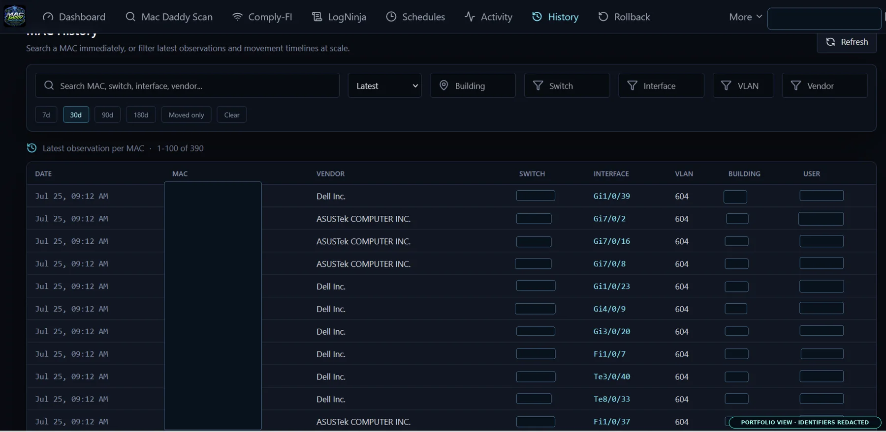 Sanitized MacDaddy device observation history