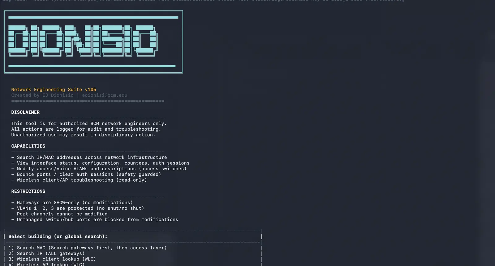 Sanitized Dionisio NES terminal menu showing network lookup choices