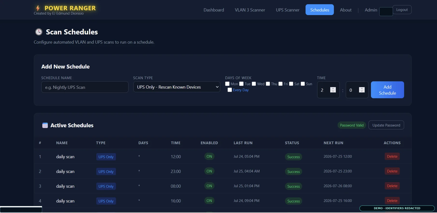 Sanitized Power Ranger scan schedule interface